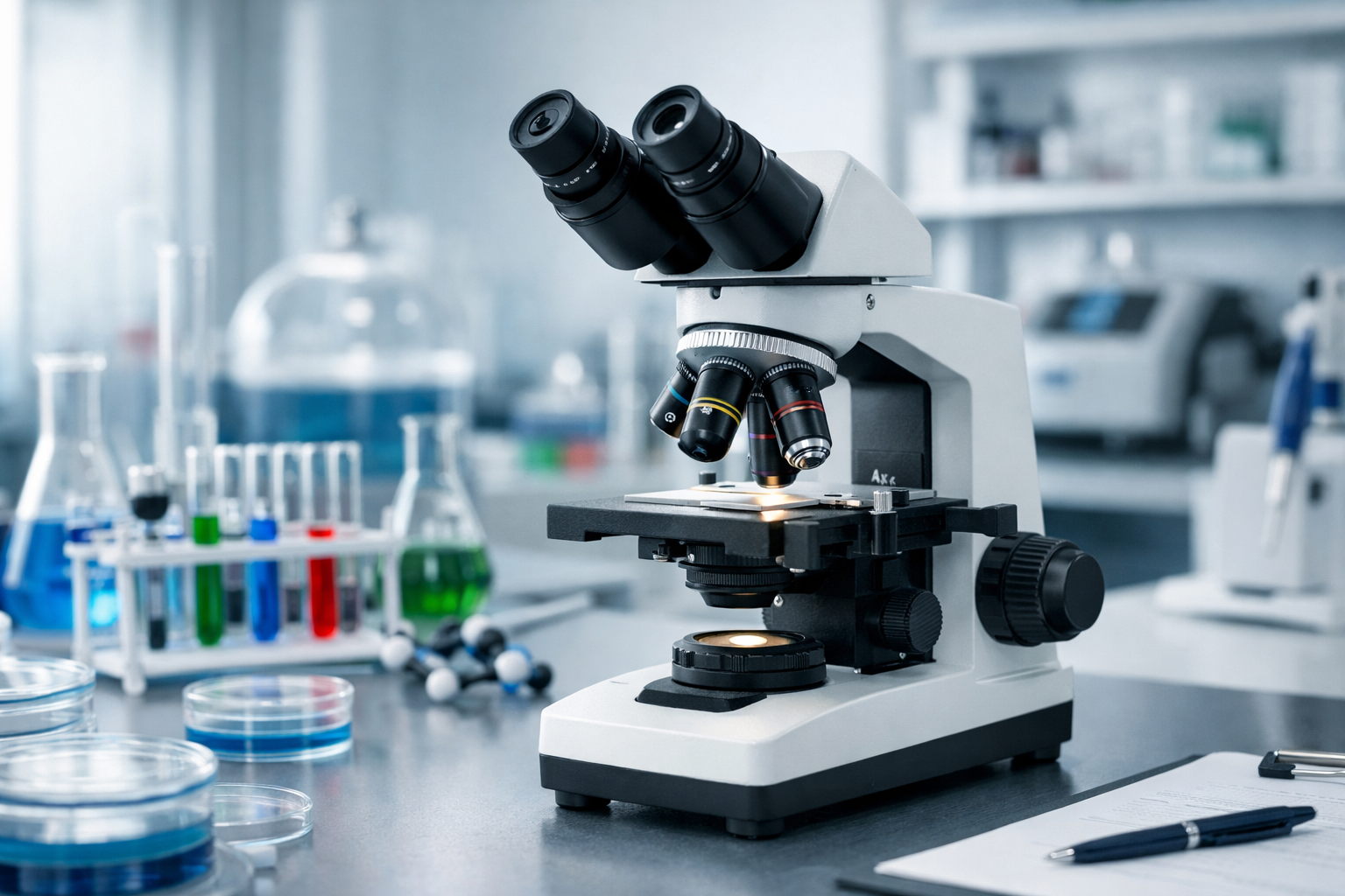 Laboratory equipment with microscope and samples